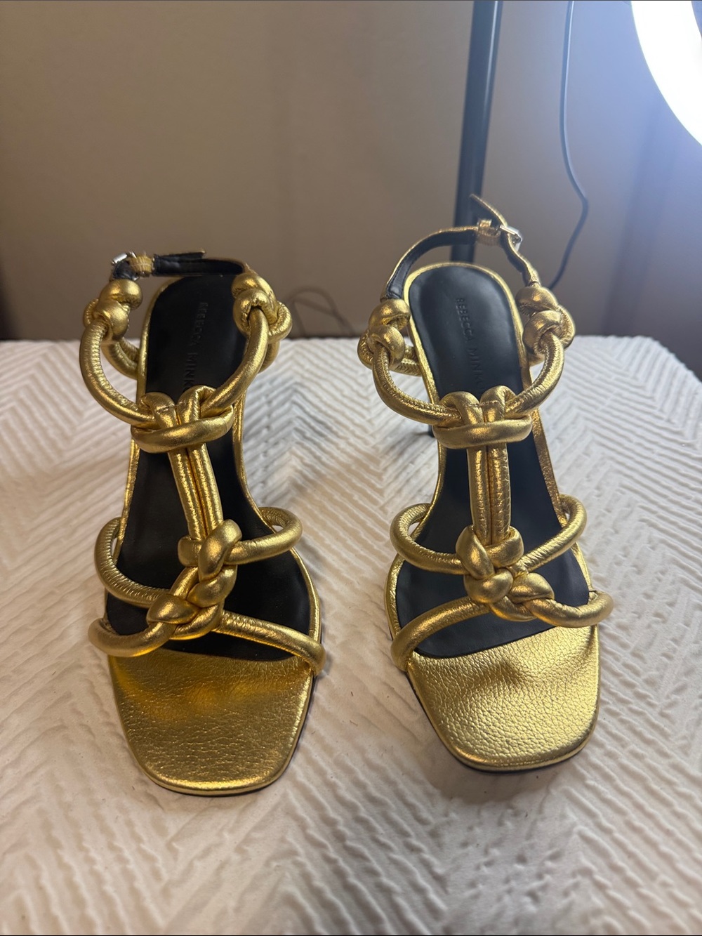 Rebecca Minkoff Gold Knotted Strap Heels